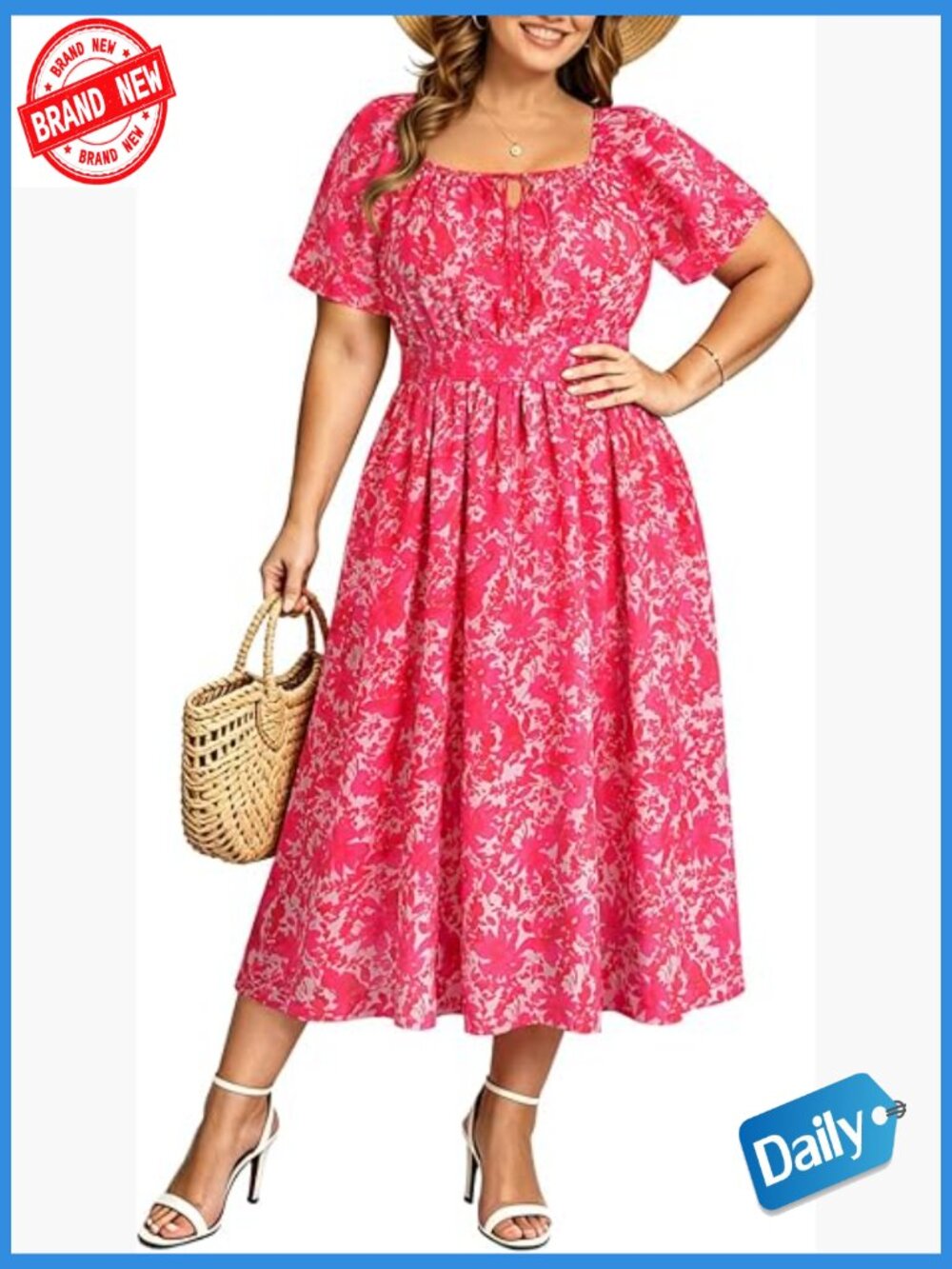 Plus Size Midi Dress with Pockets Square Neck Tie Front